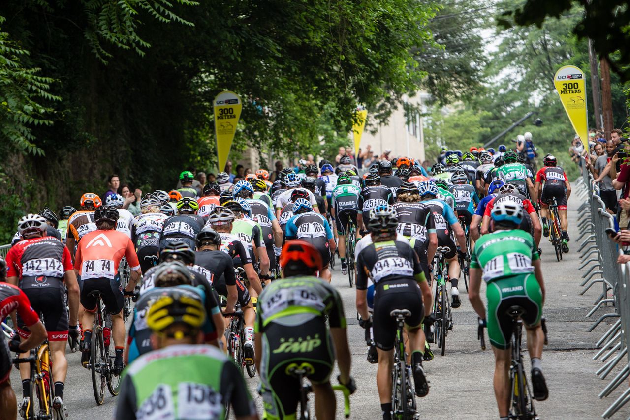 Riders make there way up the steep climb to the finish