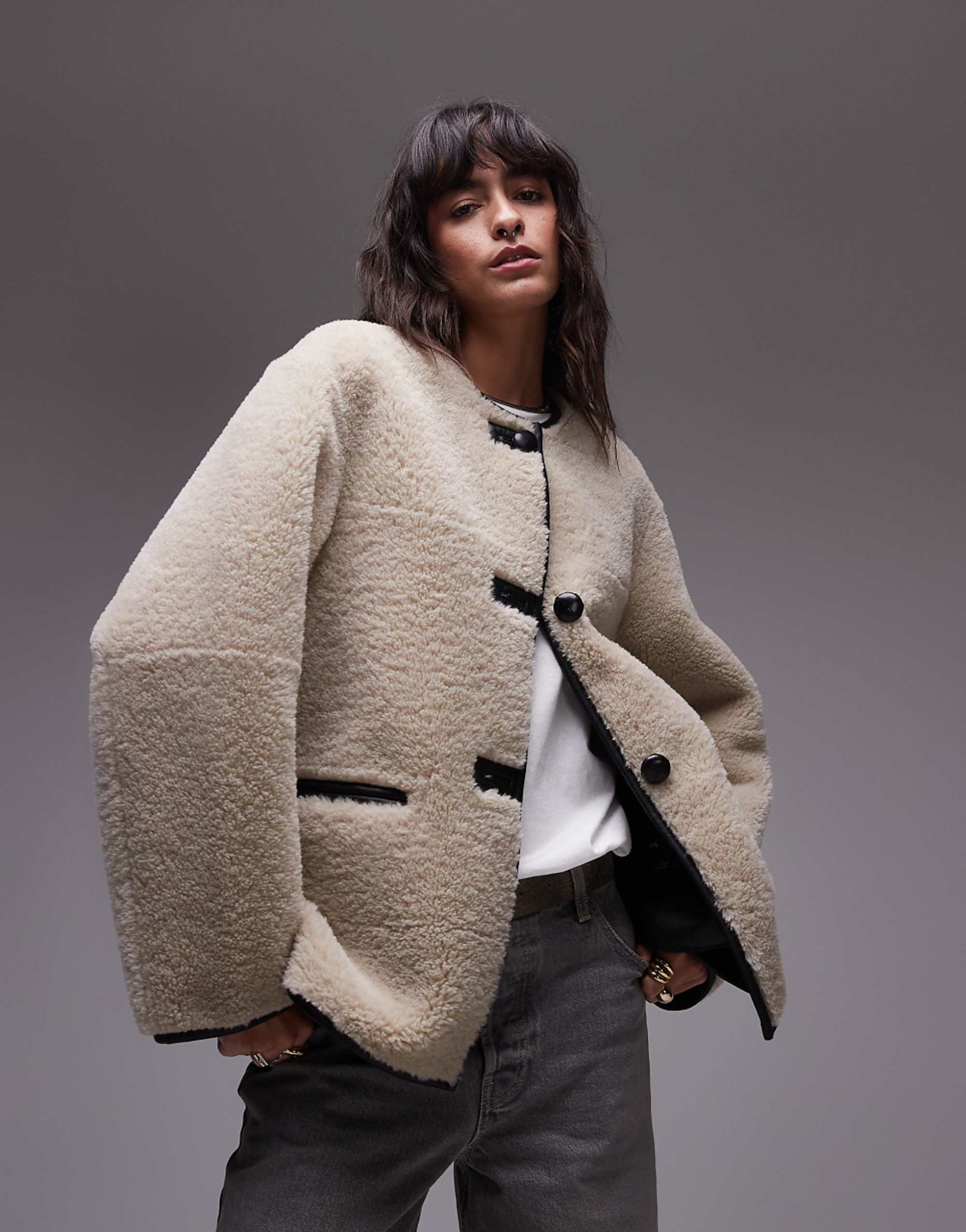Mango Contrast Detail Collarless Shearling Jacket in Ecru