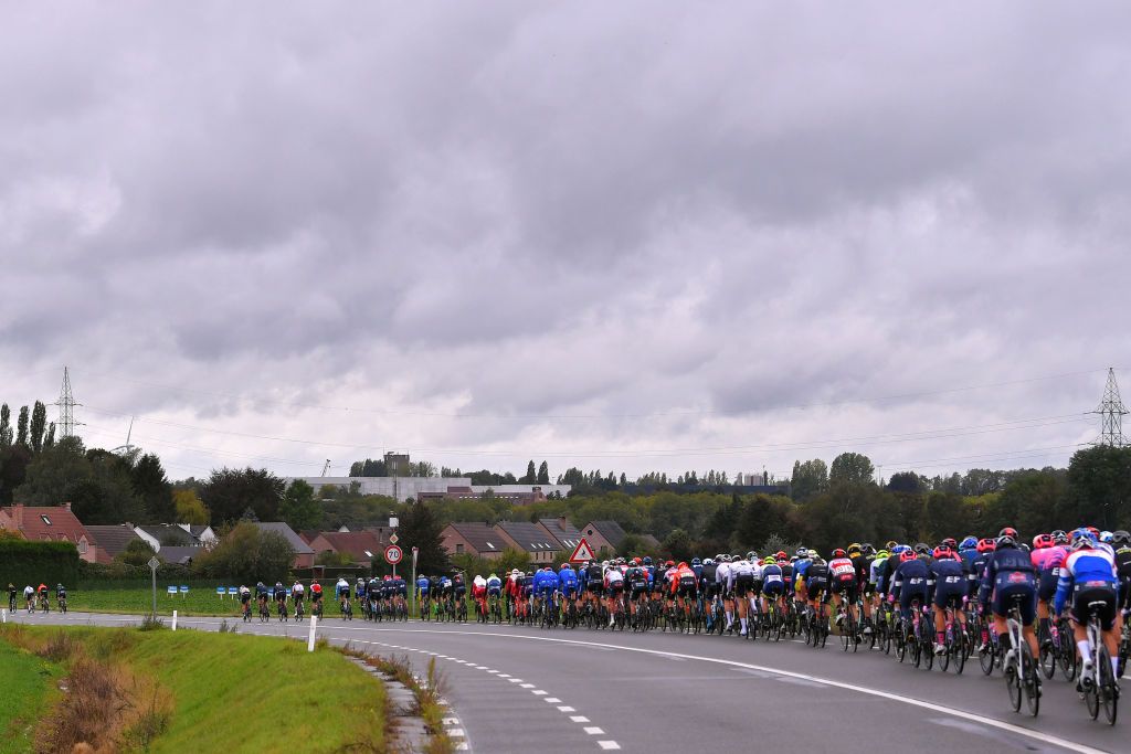 GERAARDSBERGEN BELGIUM OCTOBER 03 Peloton Landscape during the 16th BinckBank Tour 2020 Stage 5 a 1836km stage from Ottignies Louvain la Neuve to Muur van Geraardsbergen 108m BinckBankTour BinckBankTour on October 03 2020 in Geraardsbergen Belgium Photo by Luc ClaessenGetty Images