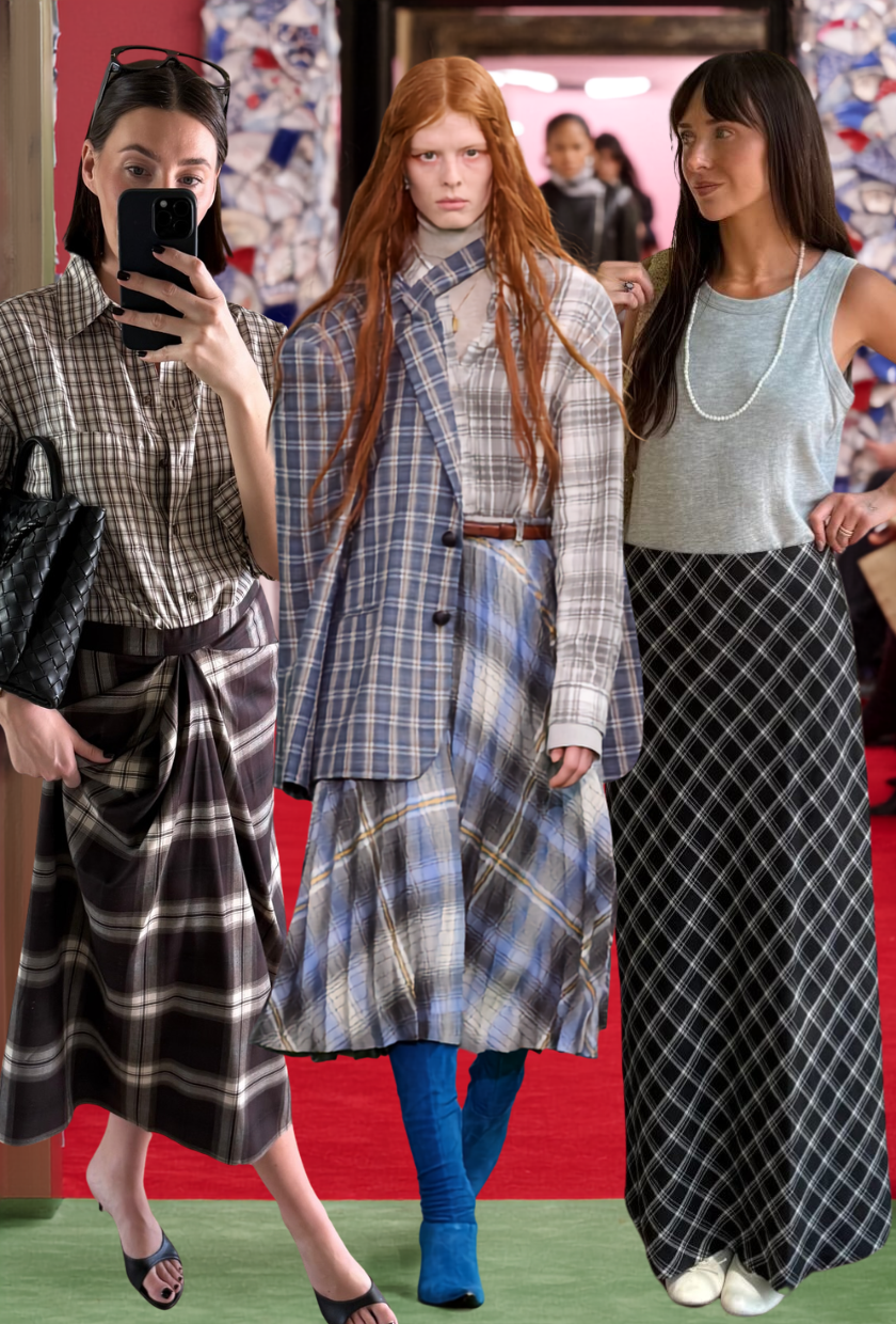 A collage of the checked skirt trend, one of the key printed skirt trends for autumn 2026.