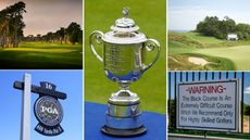 Five panel image of TPC Harding Park, Kiawah Island, Bethpage Black, Whistling Straits and the PGA Championship trophy