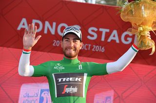 Giacomo Nizzolo (Trek-Segafredo) in the green jersey at Giacomo Nizzolo (Trek-Segafredo) takes the first red leader's jersey at 2016 Abu Dhabi Tour