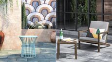 Two pictures of outdoor furniture - one of a blue table and one of a chair and table