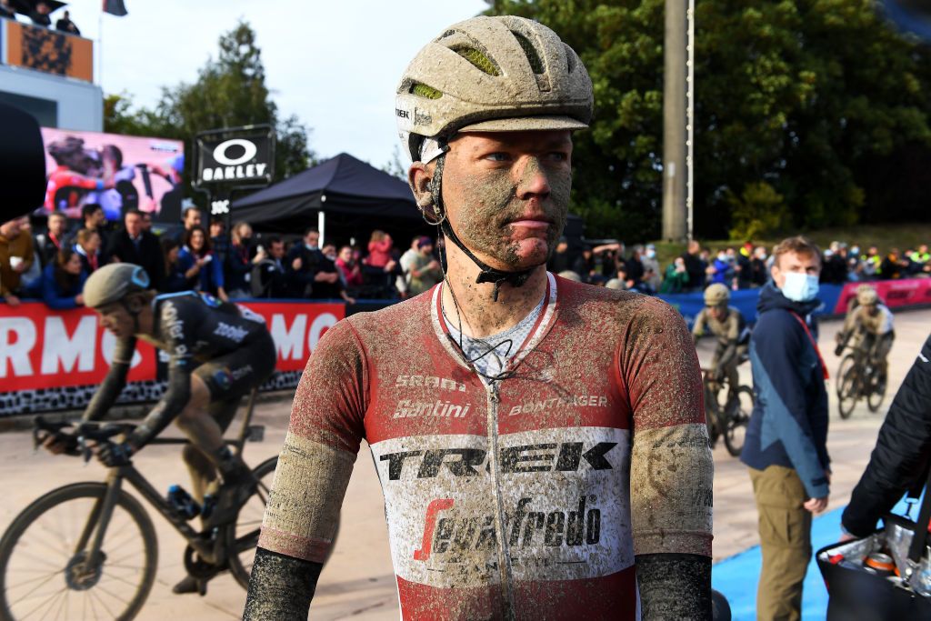 ROUBAIX FRANCE OCTOBER 03 Toms Skujins of Latvia and Team Trek Segafredo covered in mud after the 118th ParisRoubaix 2021 Mens Eilte a 2577km race from Compigne to Roubaix ParisRoubaix on October 03 2021 in Roubaix France Photo by Tim de WaeleGetty Images