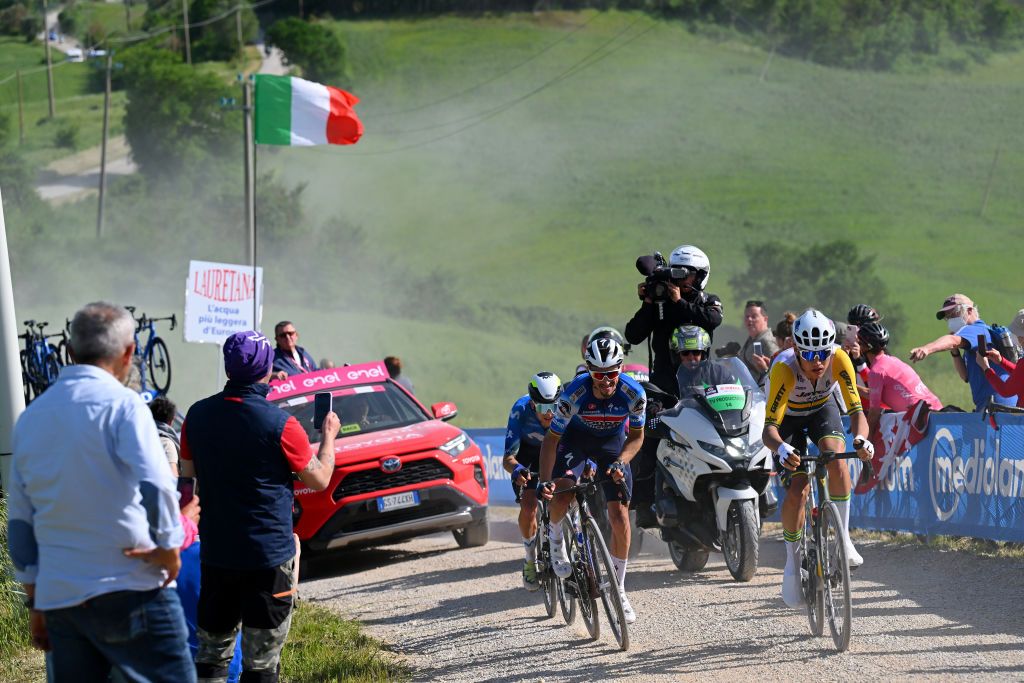 RAPOLANO TERME ITALY MAY 09 A general view of Pelayo Sanchez of Spain and Movistar Team Julian Alaphilippe of France and Team Soudal QuickStep and Luke Plapp of Australia and Team Jayco AlUla compete in the breakaway passing through the Poggio Santa Francesca Pievina gravel road sector during the 107th Giro dItalia 2024 Stage 6 a 180km stage from Viareggio to Rapolano terme 322m UCIWT on May 09 2024 in Rapolano terme Italy Photo by Tim de WaeleGetty Images