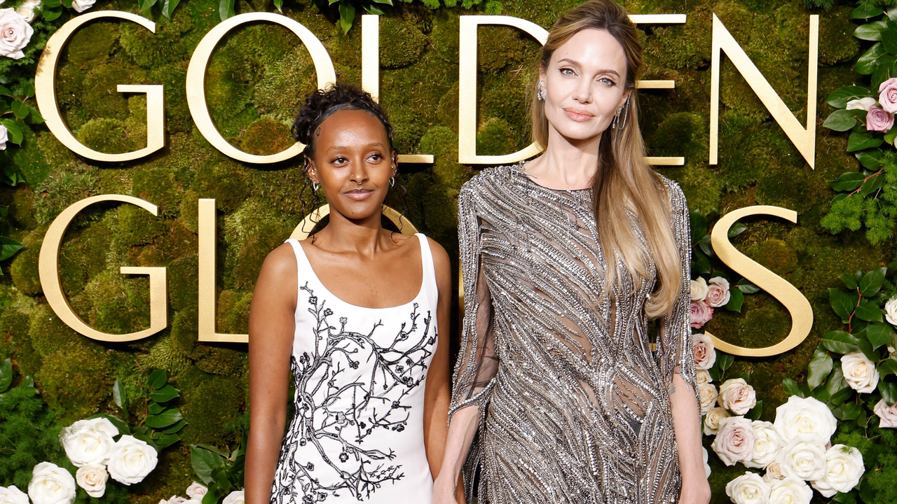 Zahara Jolie and Angelina Jolie attend the 2025 Golden Globe Awards at The Beverly Hilton on January 05, 2025 in Beverly Hills, California.