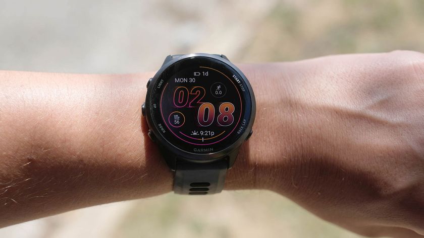 A close-up picture of our reviewer wearing the Garmin Forerunner 570