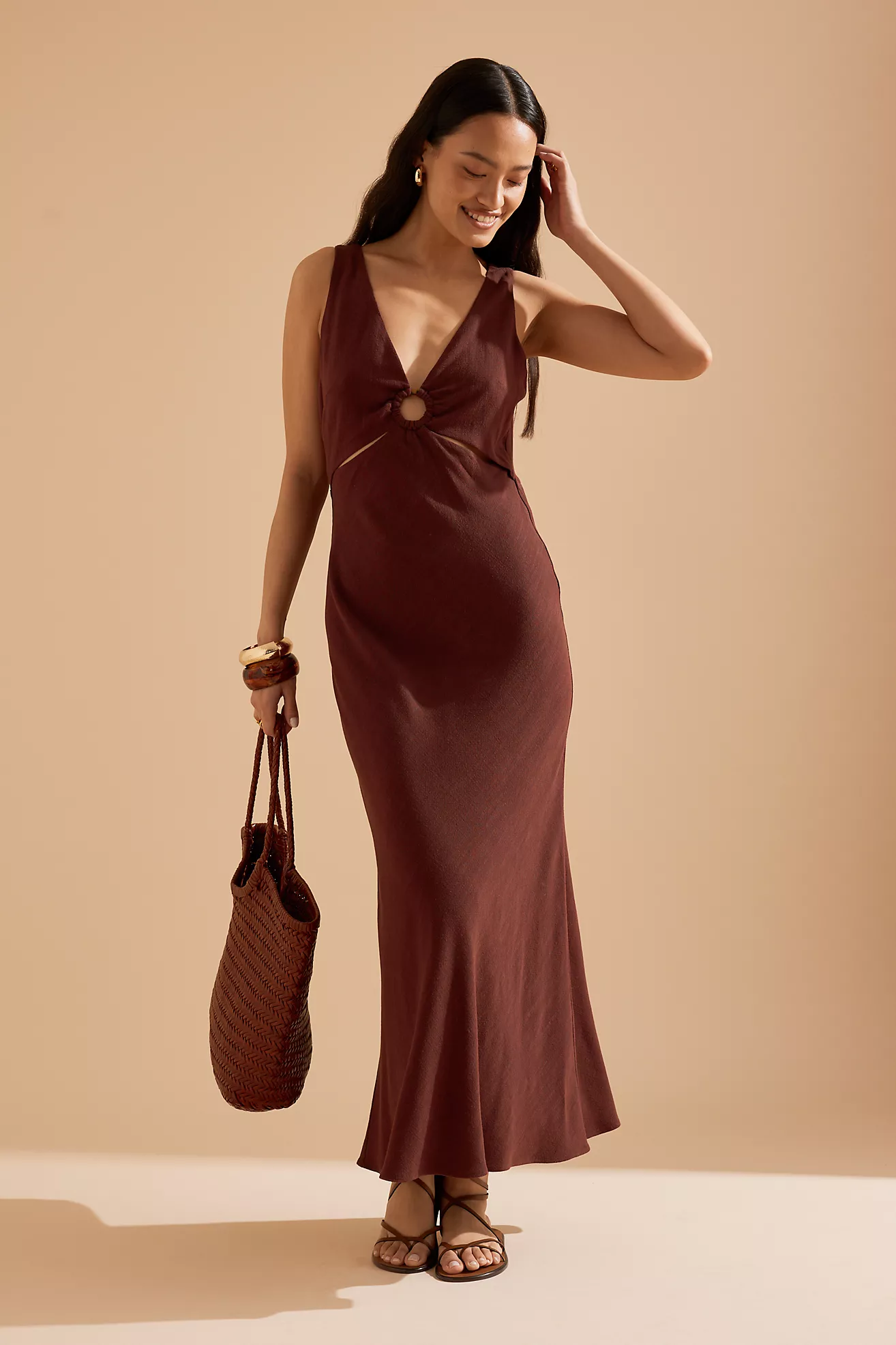 By Anthropologie Lola V-Neck Linen-Blend Midi Dress
