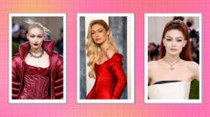 Gigi Hadid outfits: Gigi pictured wearing a red jumpsuit and coat at the Met Gala 2022/ a red silk dress at the Oscars Vanity Fair Afterparty 2023 and in a white dress with red hair at the Met Gala 2021/ in a pink and orange template