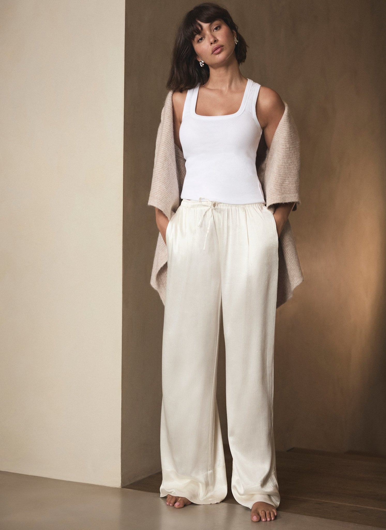 Cream Satin Wide Leg Trouser