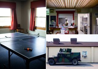 Clockwise from left: MAF support staff play ping pong in their off time; A cook is on staff to prepare meals; The MAF is heavily guarded by security forces who work three-day shifts.
