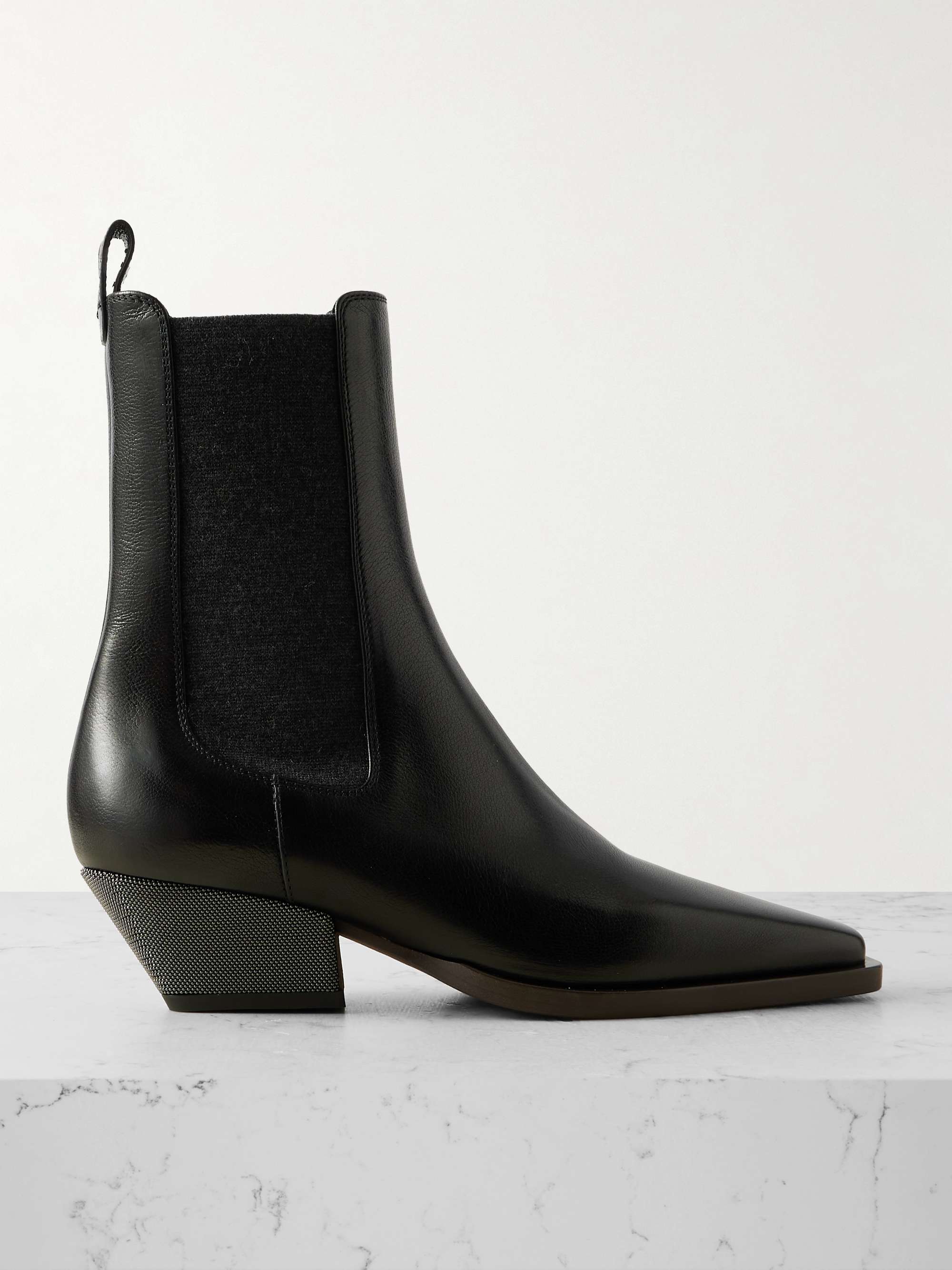 Bead-Embellished Leather Ankle Boots