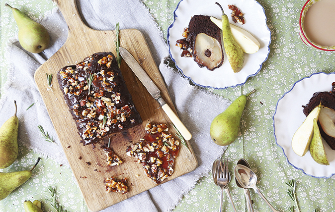 Pear, chocolate and chocolate-ganache loaf with pecan-and-rosemary brittle