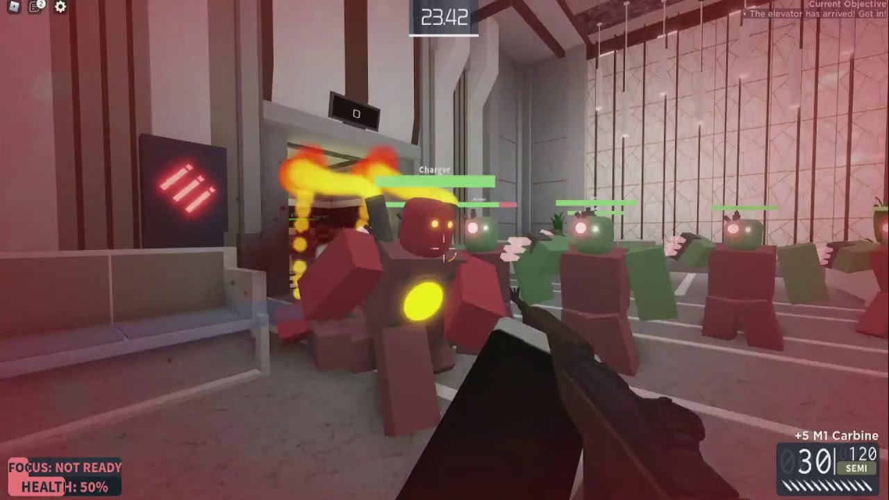 best roblox games: several red roblox burning zombies are running towards the player