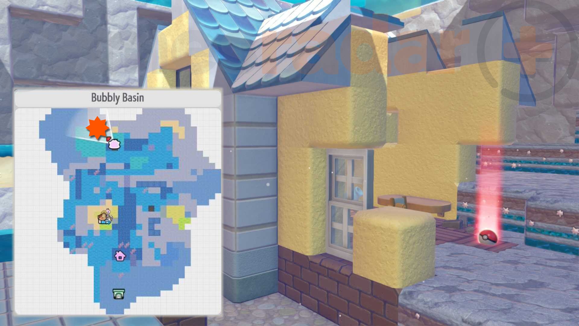 The location of the Pokopia Ocean Pals Rug marked on the in-game map.