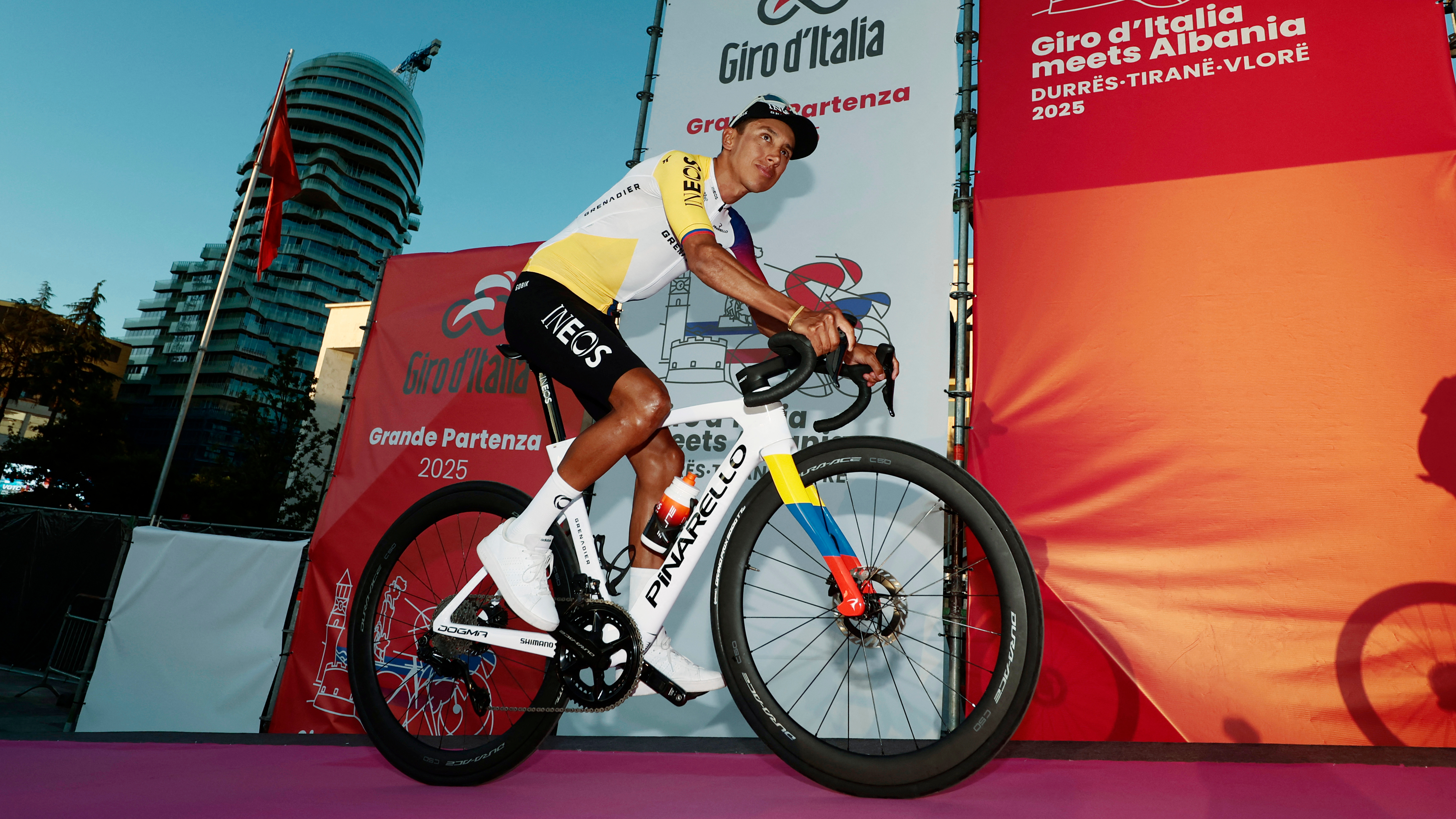 Ineos Grenadiers' Colombian rider Egan Bernal arrives for the opening ceremony and team presentation in Tirana, on May 7, 2025, two days before the departure of the Giro d'Italia 2025