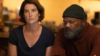 Cobie Smulders and Samuel L. Jackson as Agent Hill and Nick Fury sitting next to each other in Secret Invasion