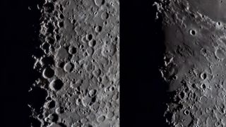 close up photographs of the moon showing two landscape features that resemble the letters X and V