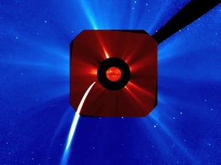 Comet Lovejoy skimmed across the Sun's edge about 140,000 km above the surface late Dec. 15 and early Dec. 16, 2011, furiously brightening and vaporizing as it approached the Sun. This images shows the comet during that time as seen by the SOHO spacecraft.