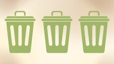 Three graphics of a compost bin on brown background