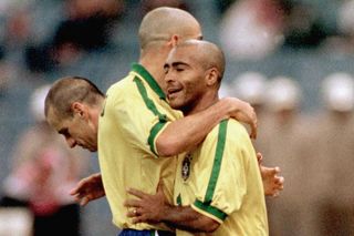 Romario and Ronaldo celebrate a goal for Brazil against Australia in the 1997 Confederations Cup final in December 1997.