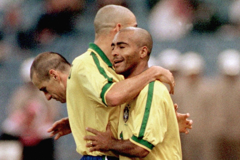 Romario and Ronaldo celebrate a goal for Brazil against Australia in the 1997 Confederations Cup final in December 1997.