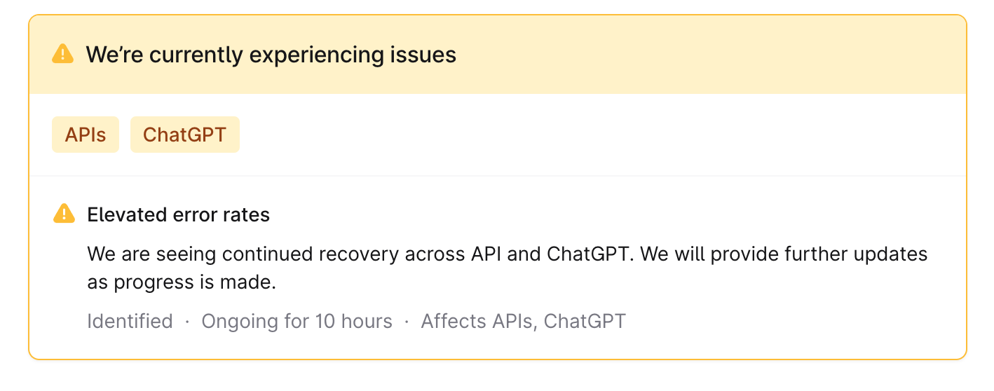 A screenshot of OpenAI's ChatGPT status showing yellow 'we're experiencing issues' message