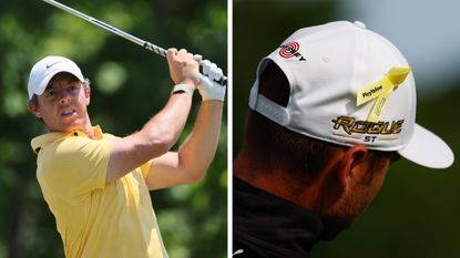 Rory McIlroy wearing a yellow shirt and a close up of a Play Yellow ribbon on a golfer's cap