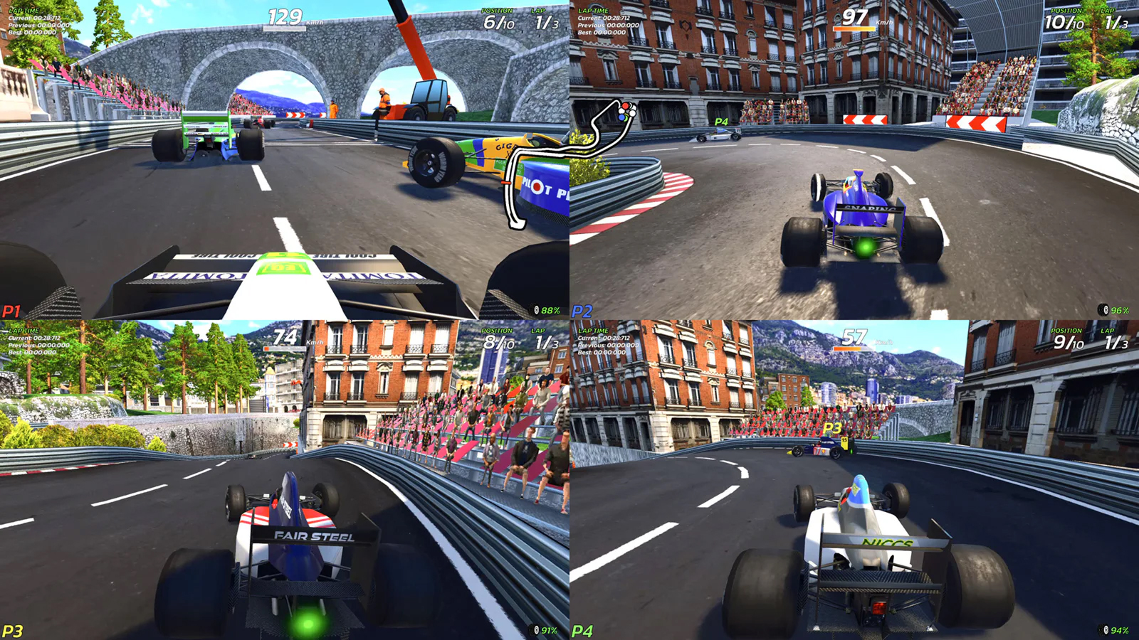 Retro racing game 4PGP, colourful low-poly game screens
