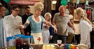 At the Woolpack, Leyla, Carly and Vanessa have set up a joint hen/stag party and everyone's relieved to hear David Metcalfe's in the clear. Tracy Shankley worries he won't want to marry her without cancer hanging over him, but he reassures her in Emmerdale.
