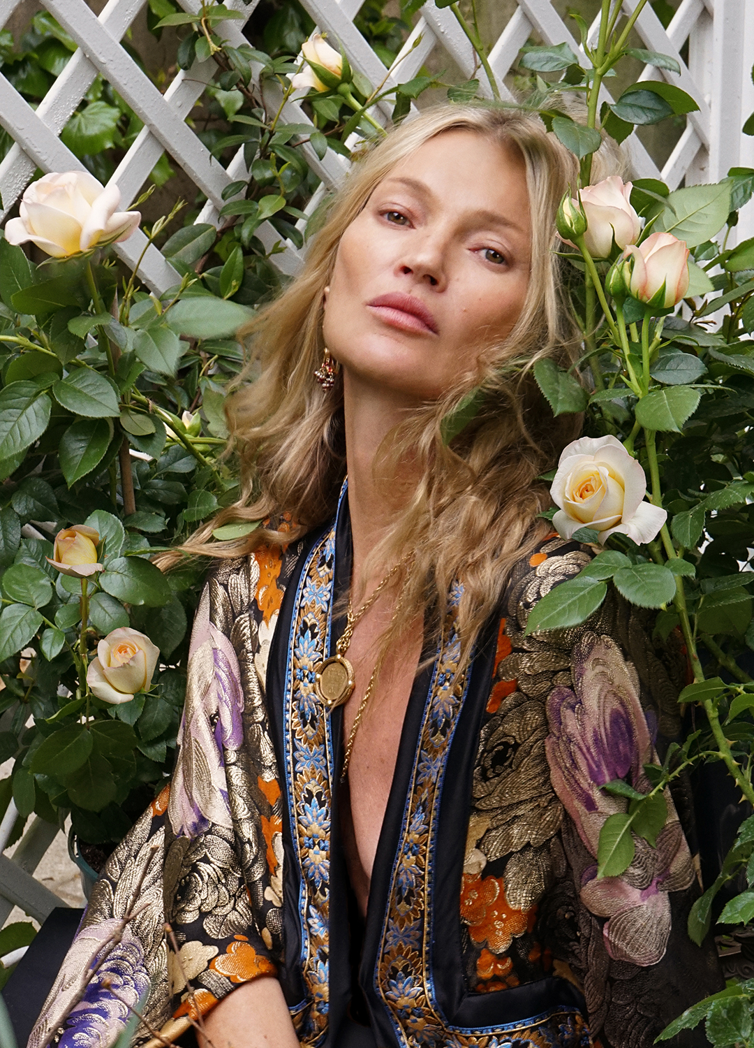 Kate Moss surrounded by her namesake rose unveiled at the RHS Chelsea Flower Show 2026