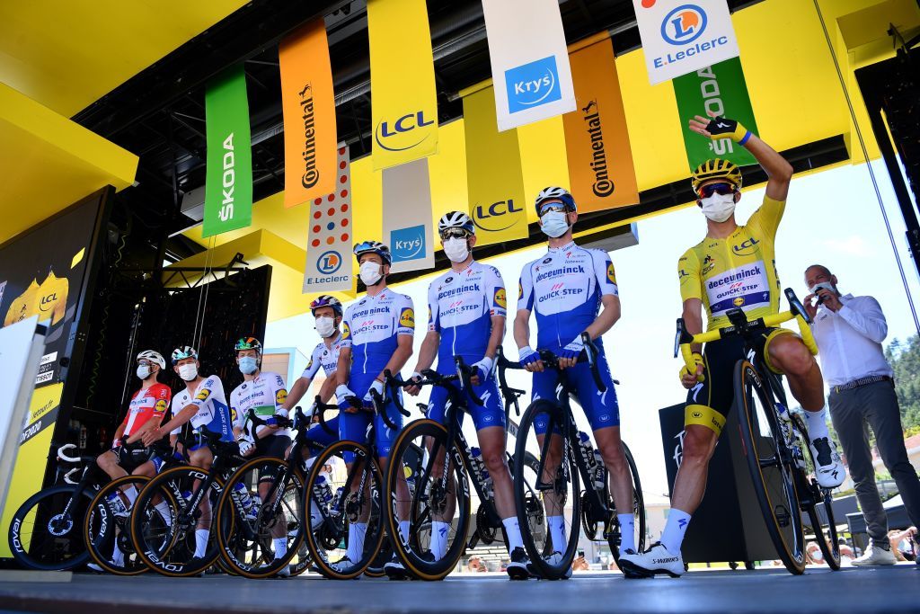 Team Deceuninck Quick Step riders pose on stage prior to the 4th stage of the 107th edition of the Tour de France cycling race 157 km between Sisteron and OrcieresMerlette on September 1 2020 Photo by Stuart Franklin POOL AFP Photo by STUART FRANKLINPOOLAFP via Getty Images