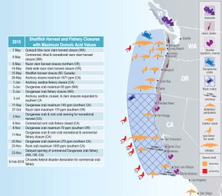 A map showing the impacts of the 2015 West Coast toxic algal bloom. Orange mammal symbols were detected with domoic acid, while those colored red also showed symptoms of poisoning.
