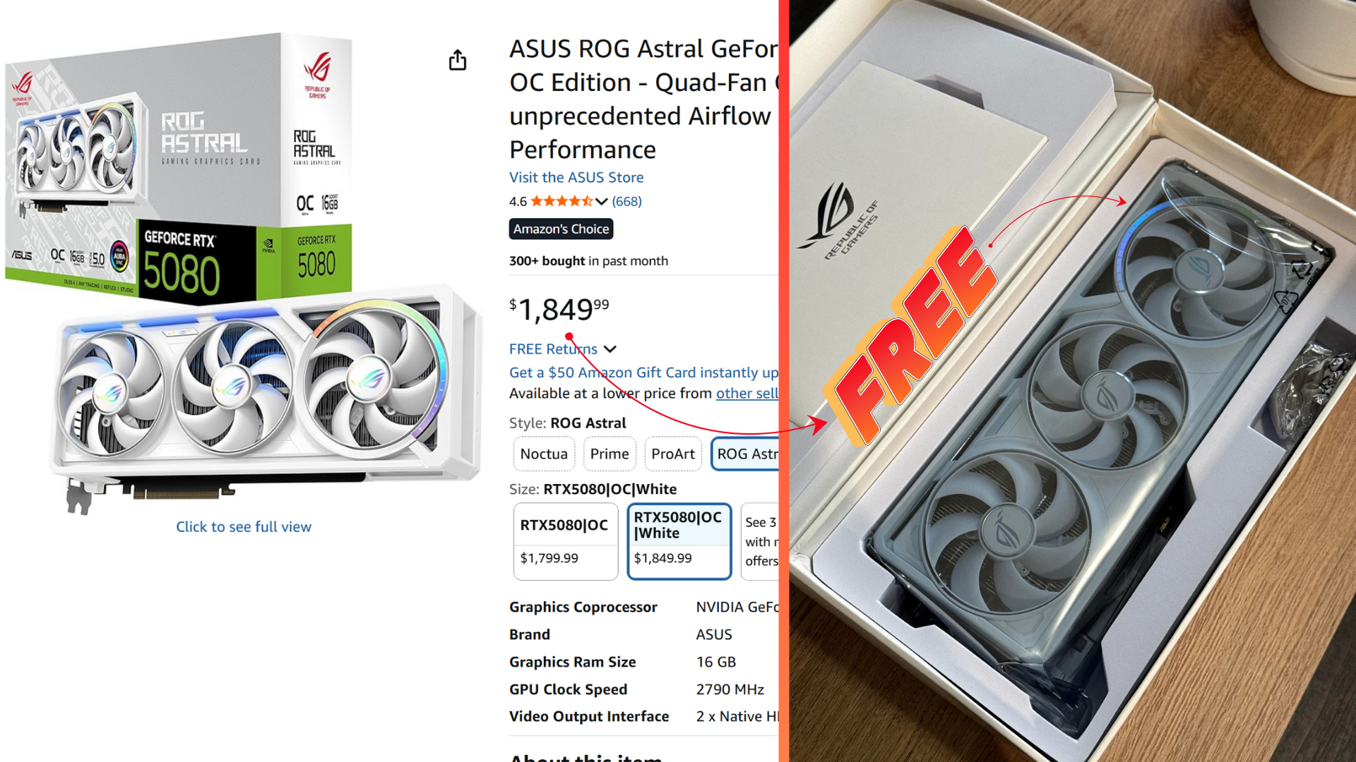 Asus ROG Astral RTX 5080 White scored for free by lucky Redditor on Amaozn
