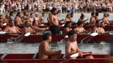 Rowers participate in a Māori waka ceremony as part of Waitangi Day celebrations, in Waitangi, New Zealand
