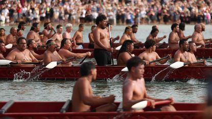 Rowers participate in a Māori waka ceremony as part of Waitangi Day celebrations, in Waitangi, New Zealand