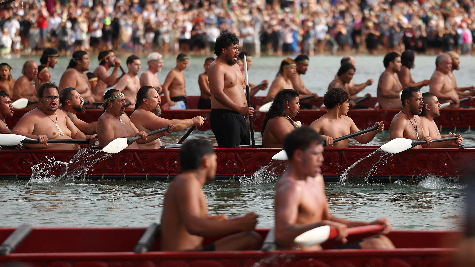 Rowers participate in a Māori waka ceremony as part of Waitangi Day celebrations, in Waitangi, New Zealand
