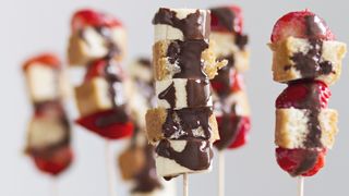 Dessert kebabs with cake, fruit and chocolate