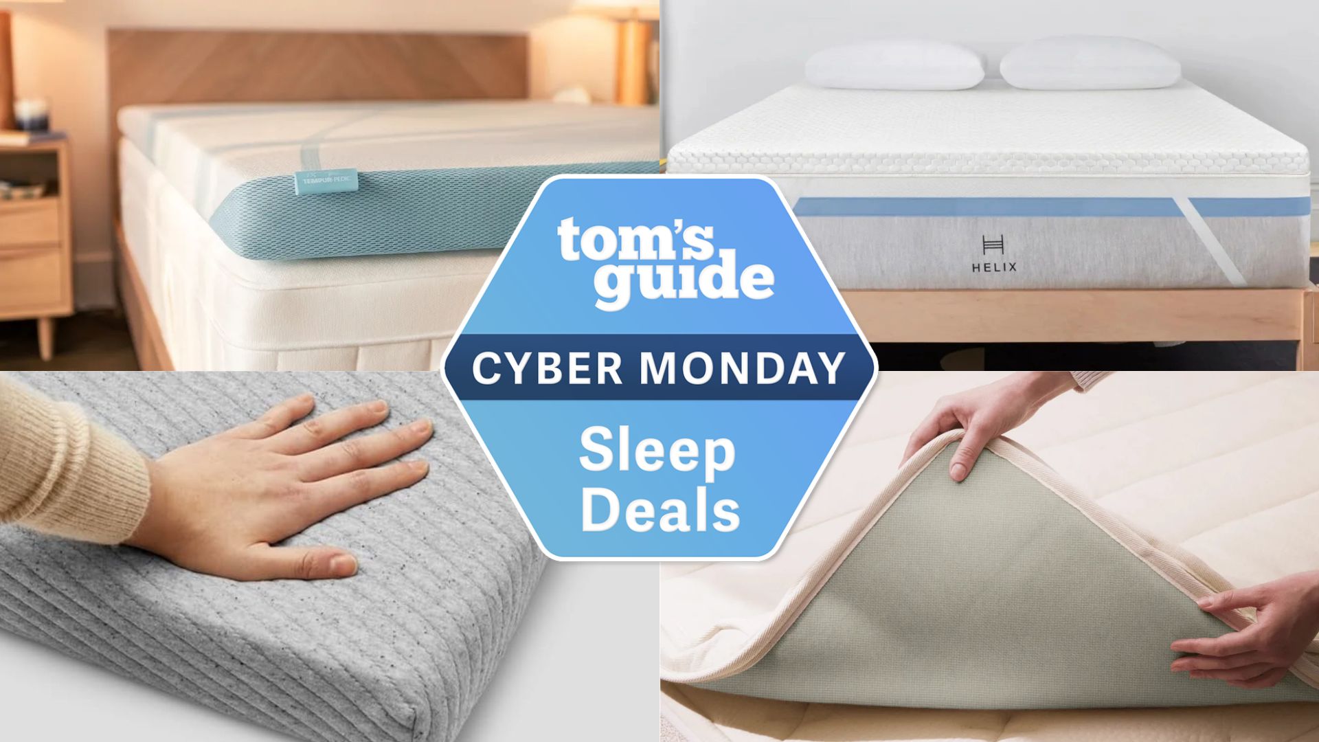 A four-piece collage featuring different mattress toppers for side sleepers. In the center foreground, there is a Cyber Monday sleep deals badge.
