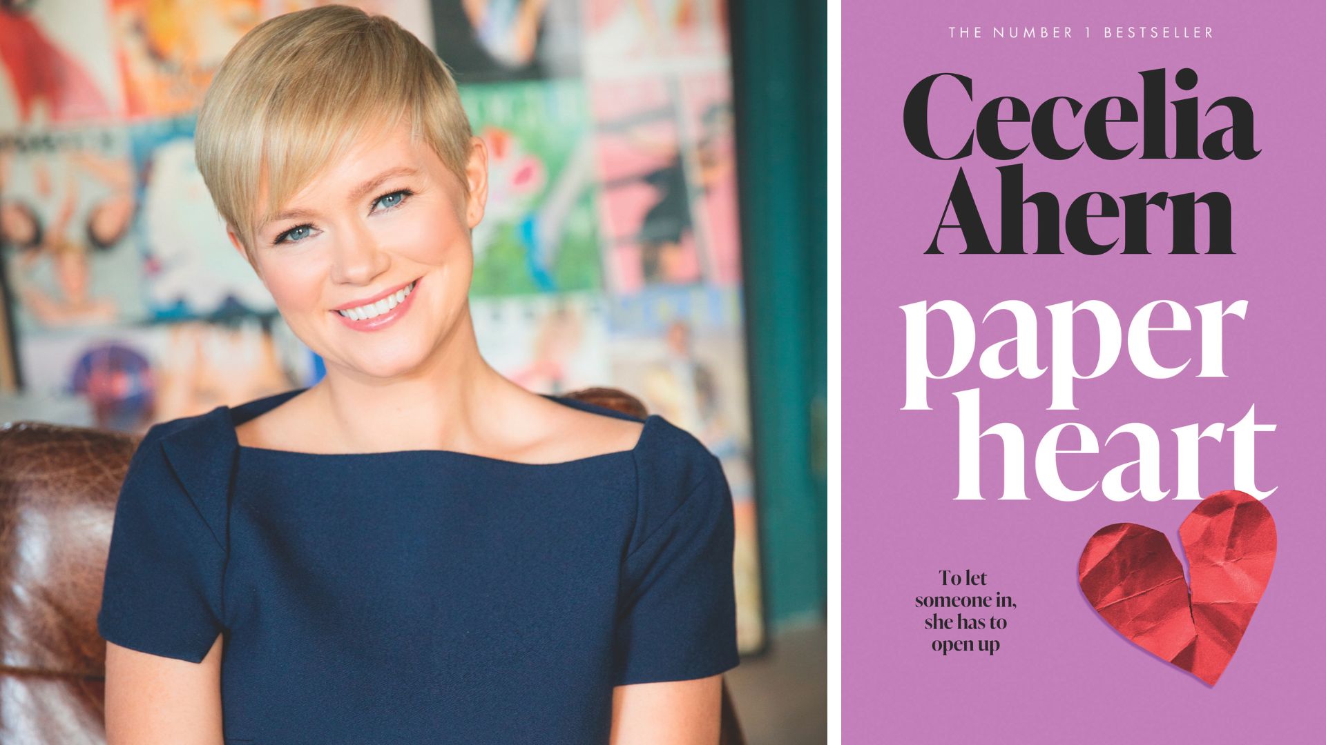 A headshot of Cecelia Ahern, beside the cover of her new book Paper Heart