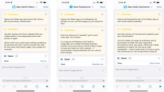 Three screenshots of the Open Safari Bookmarks, Open Safari History, and Open Reading List shortcuts open on iPhones.