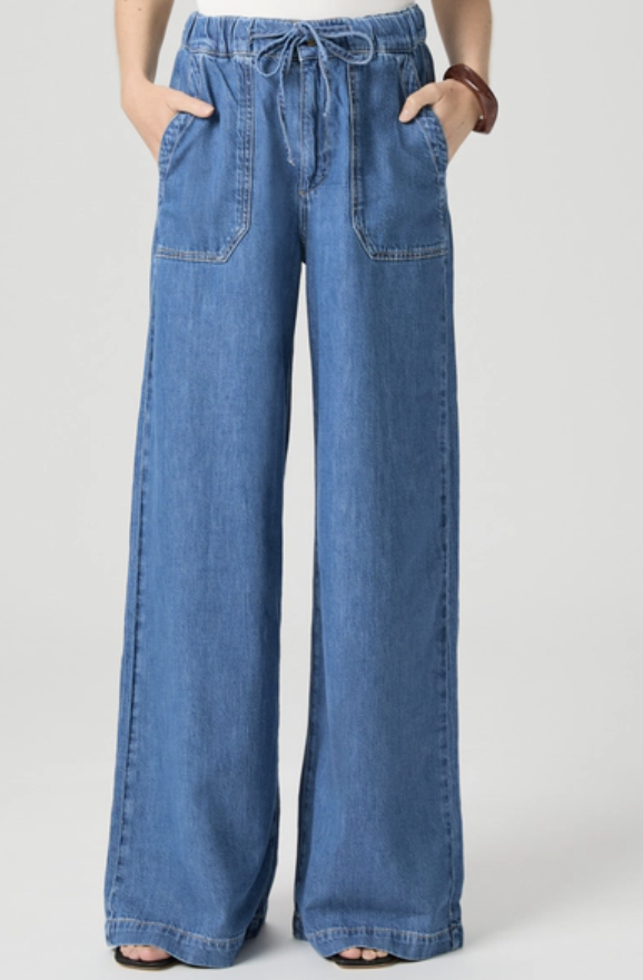 Barrel-Leg Denim Drawstring Trousers