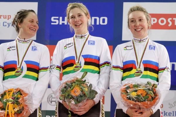 Australia on the top spot on the podium after they won the women's 3,000m team pursuit.