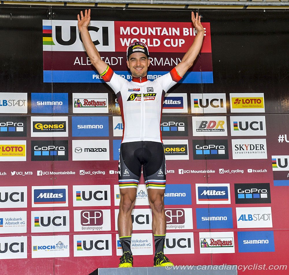 World Cup leader Nino Schurter on the podium