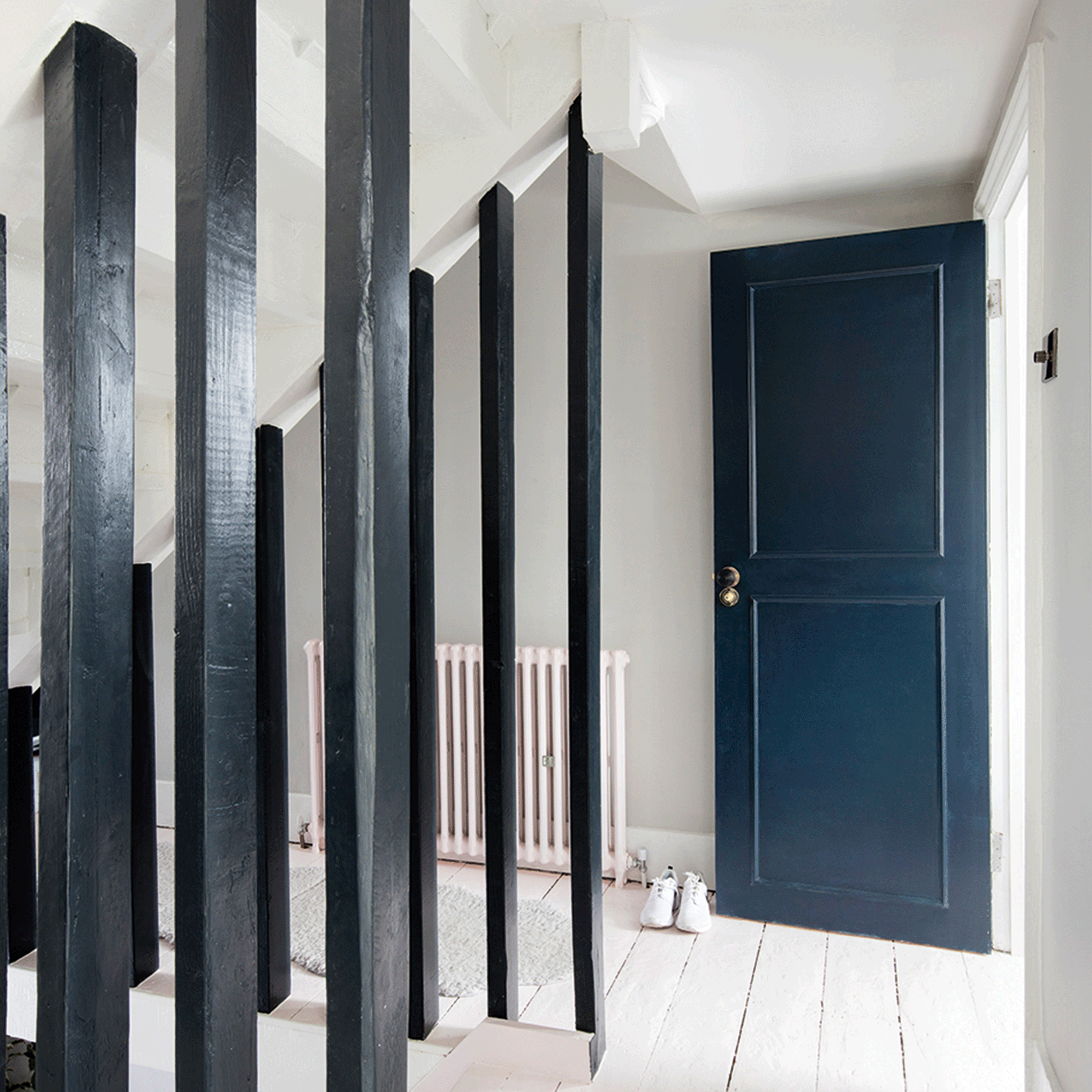 Blue door in white hallway with black panels