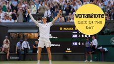 Jannik Sinner celebrates winning on match point in the men's singles final of the 2025 Wimbledon Tennis Championships, with a Quiz of the Day roundel over the top