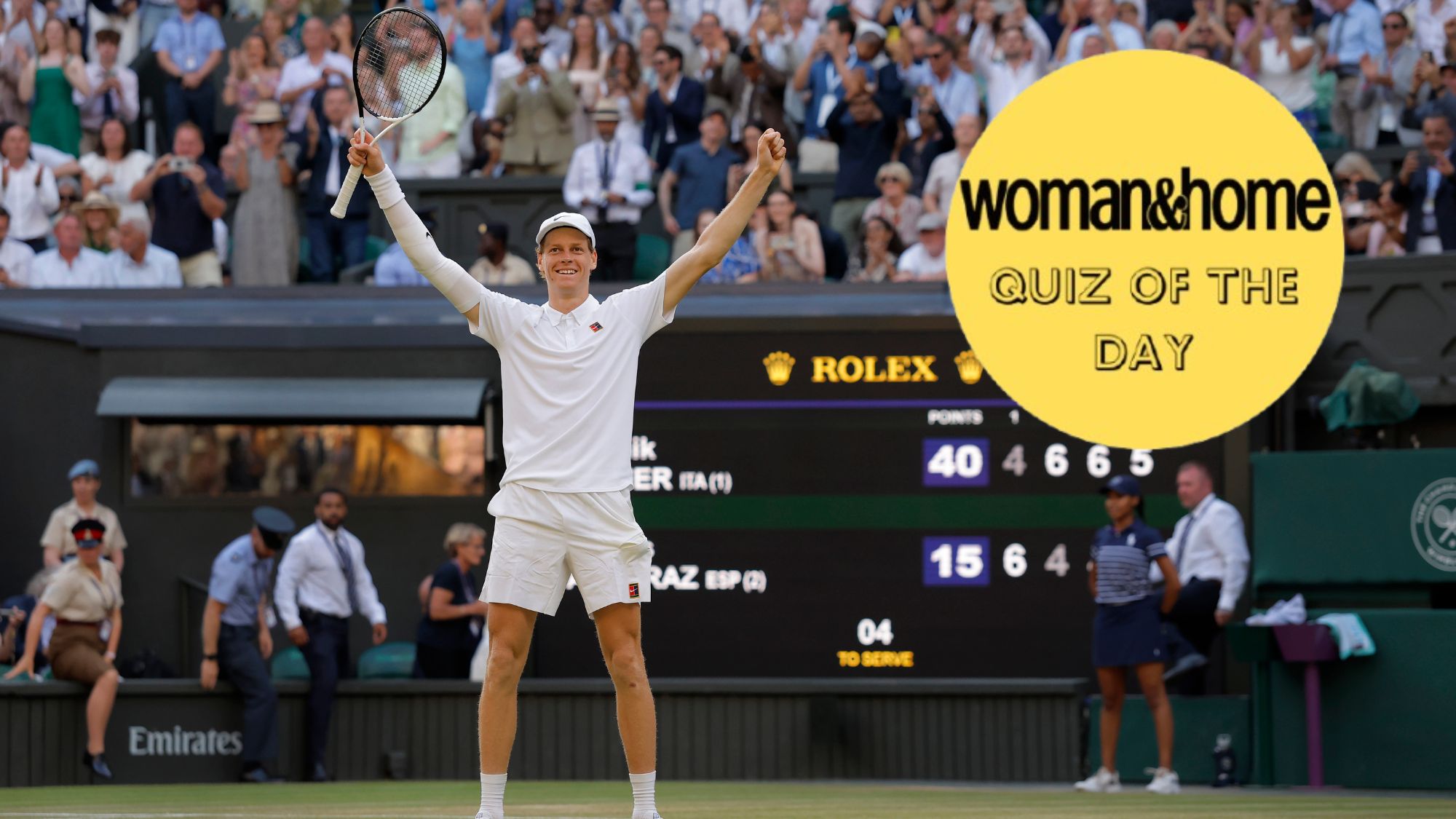 Jannik Sinner celebrates winning on match point in the men's singles final of the 2025 Wimbledon Tennis Championships, with a Quiz of the Day roundel over the top