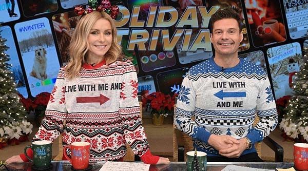 Live with Kelly and Ryan&#039; hosts Kelly Ripa and Ryan Seacrest host show in their custom holiday sweaters.