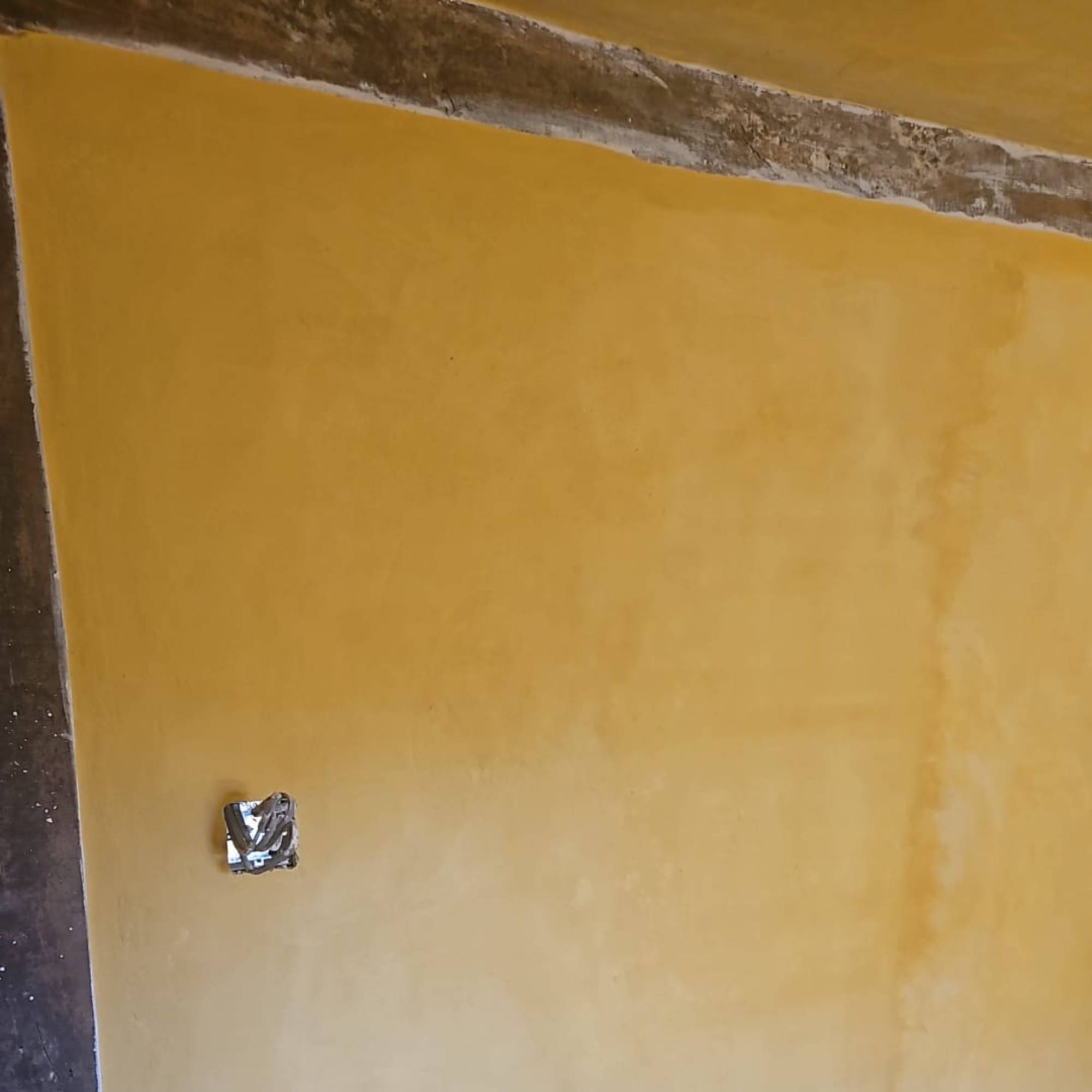yellow paint on lime wall with timber beams
