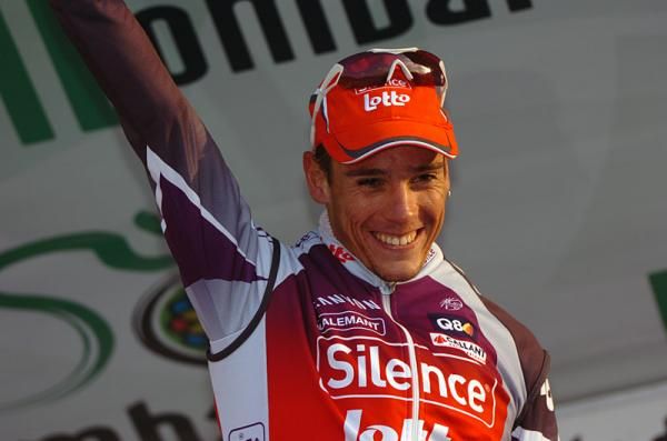 Philippe Gilbert (Silence-Lotto) on the Giro di Lombardia podium.